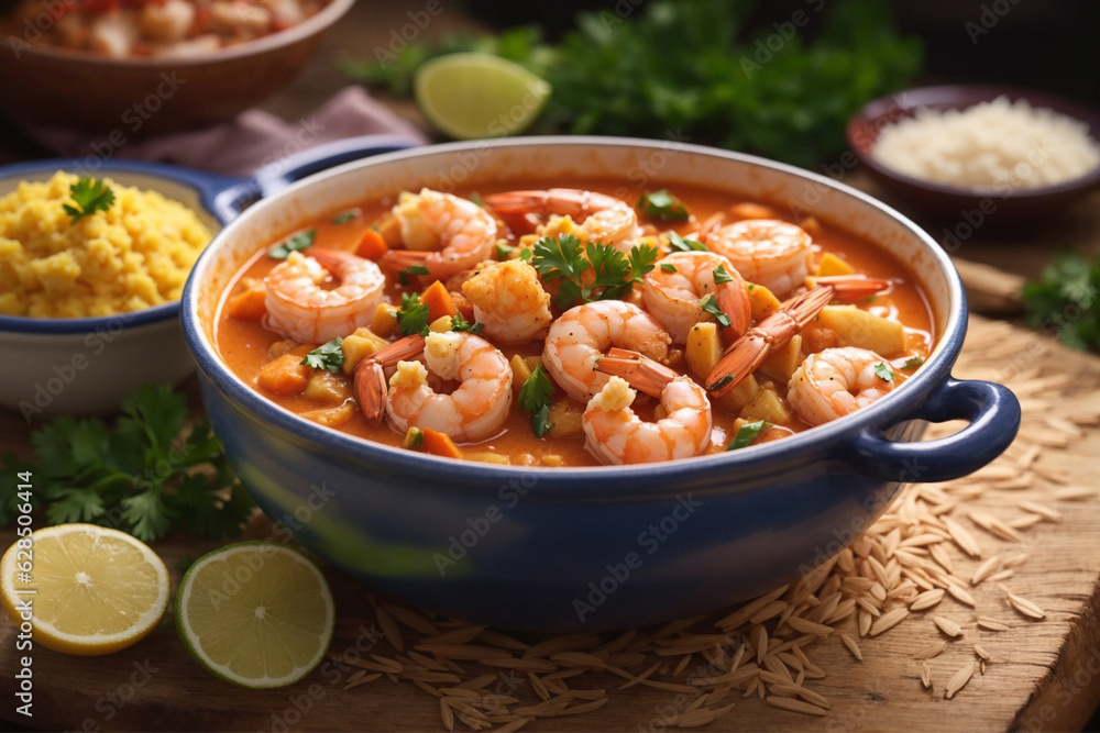 Shrimp stew, usually served with rice, mush and manioc flour. Traditional dish of Brazilian cuisine and consumed throughout the Brazilian coast. Shrimp stew, usually served with rice, mush and manioc flour. Traditional dish of Brazilian cuisine and consumed throughout the Brazilian coast.