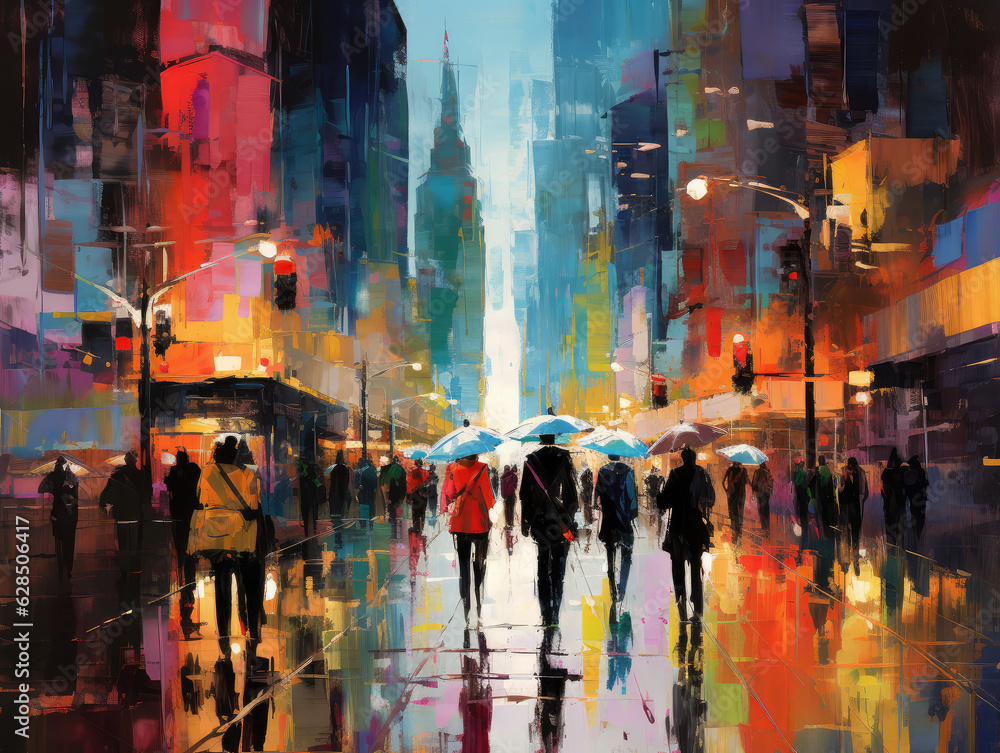 Urban Energy: Bustling City Street in Vibrant Brushstrokes and Colors Created with Generative AI