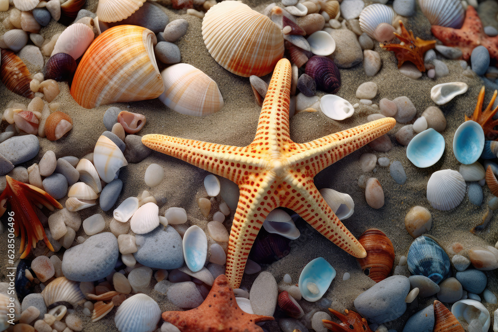Vibrant Starfish and Colorful Seashells on Golden Beach Created with Generative AI Vibrant Starfish and Colorful Seashells on Golden Beach Created with Generative AI