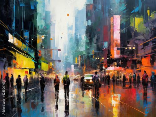 Urban Energy: Bustling City Street in Vibrant Brushstrokes and Colors Created with Generative AI