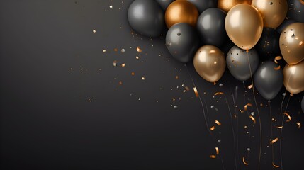 Black and golden balloons with sparkles high detailed background, in the style of dark gray created with Generative AI technology