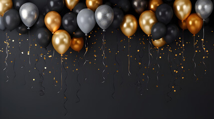 Black and golden balloons with sparkles high detailed background, in the style of dark gray created with Generative AI technology