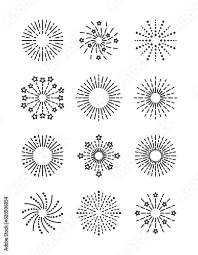 Set of burst stars, sparks and salute Firework icon. Vector. Linear sparkle explosion. Happy new year shiny symbol isolated on white background. Outline birthday party elements. Simple illustration.