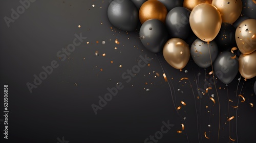 Fényképezés Black and golden balloons with sparkles high detailed background, in the style o