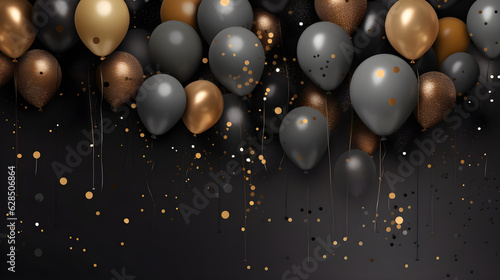 Black and golden balloons with sparkles high detailed background  in the style of dark gray created with Generative AI technology