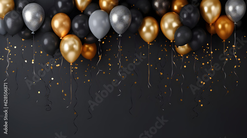 Black and golden balloons with sparkles high detailed background, in the style of dark gray created with Generative AI technology