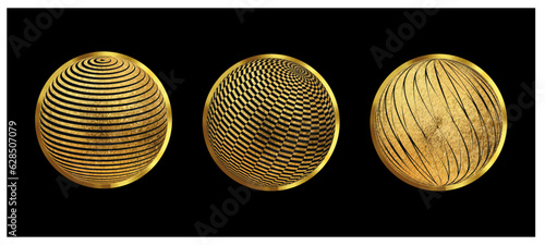 A collection of three shiny golden grunge orbs with black lines elegant. Perfect for brochures, flyers, emblems, round logos, and banners. This golden abstract design exudes sophistication and allure