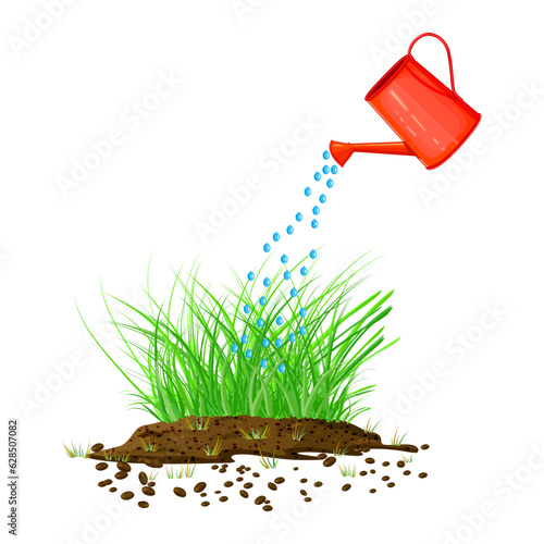 Grass, watering can and soil pile on white background. Young lawn irrigation.Watering, fertilization and paddock care.Watering the young plants from watering can.Seasonal gardening.Vector illustration