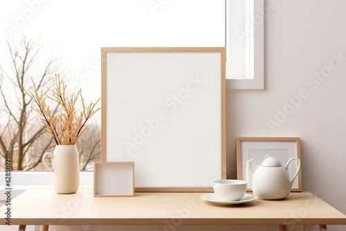 Blank wooden picture frame mock-up on wall in modern interior. Horizontal artwork template mock up for artwork, painting, photo or poster in interior design, Generative AI © abstract Art
