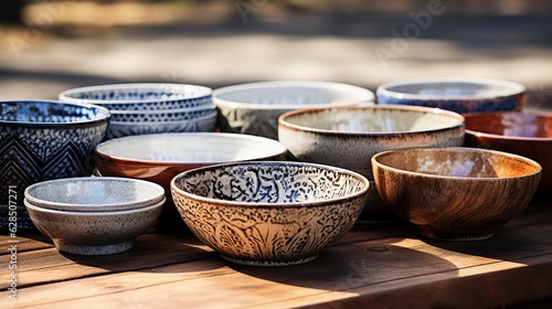 beautiful bowls and plates on a wooden table generative ai