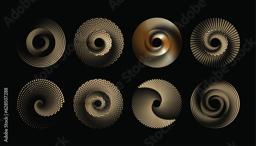 Obraz na plátně A captivating spiral dots backdrop with an abstract golden-colored vector illustration on a black background