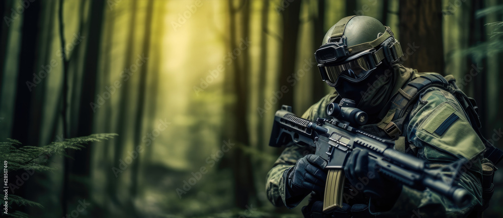 Camouflage tactical commando soldier in green forest. Camouflage tactical commando soldier in green forest.