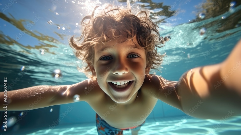 Happy children have fun in swimming pool, Funny child swim, dive in pool.
