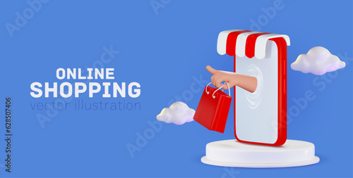 Online store concept render. Online shopping. Red smartphone with canopy, hand and package. Vector 3d illustration on isolated background