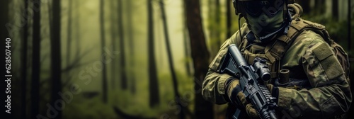 Camouflage tactical commando soldier in green forest. © visoot