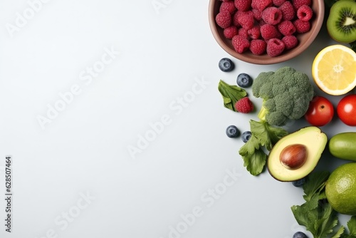 Fresh fruits and vegetables on white background  Nutrition and vitamin theme  Healthy eating concept.
