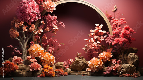 orange yellow autumn october round frame with flowers presentation studio background stagepodium abstract invitation photo