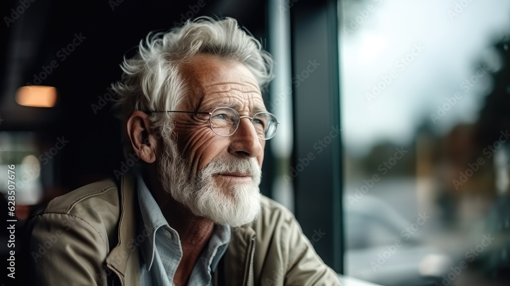 Thoughtful senior man sitting near the window at home. Thoughtful senior man sitting near the window at home.