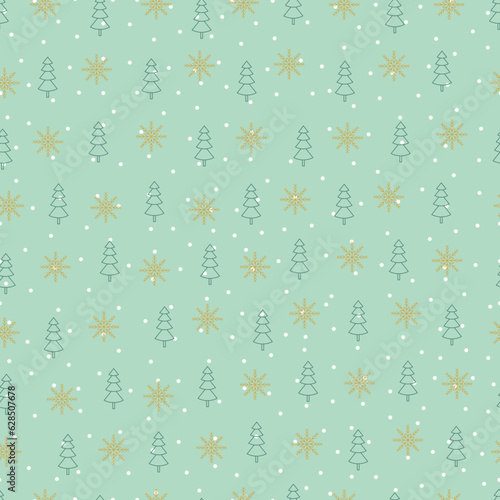 Fir tree seamless pattern. Whimsical arrangement of Christmas tree, snowflakes and polka dots. Christmassy repeat textured