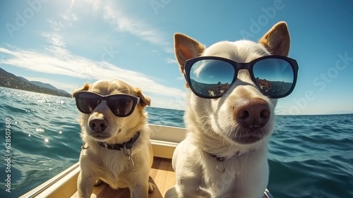 Two stylish dogs enjoying a sunny day on a boat ride in the sea. © visoot