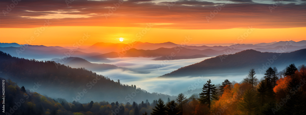 Breathtaking Morning Sunrise from Majestic Mountains: A Captivating Orange Hued Landscape
