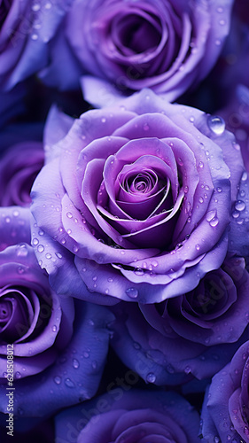 violet lila Rosen mit Wassertropfen in Blütezeit. Generative Ai.
