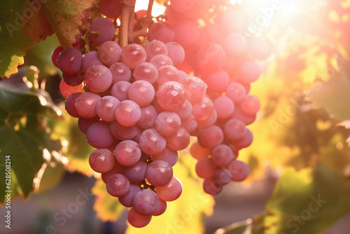 Fresh pink grape fruits still wet with dew growing on a plantation in the morning during the golden hour