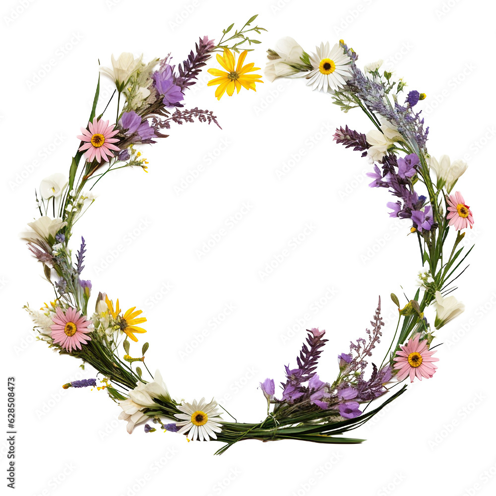 Round frame of flowers isolated on white background with empty space for image. Mockup for design, photo, poster. Round frame of flowers isolated on white background with empty space for image. Mockup for design, photo, poster.