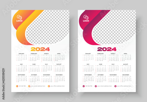 Wall Calendar 2024 Template Design. Print Ready One Page wall calendar template design for 2024. Week starts on Sunday calendar design 2024. Week starts on Sunday calendar design 2024