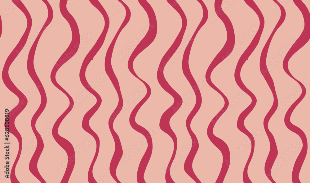 Seamles pattern of hand drawn viva magenta and beige wavy stripes. Abstract minimalist surface design.