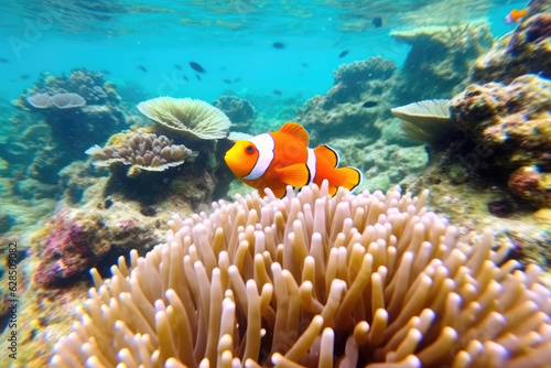 Underwater view of a clowfish swimming among coral reefs and marine life