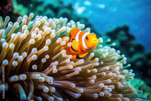 Underwater view of a clowfish swimming among coral reefs and marine life