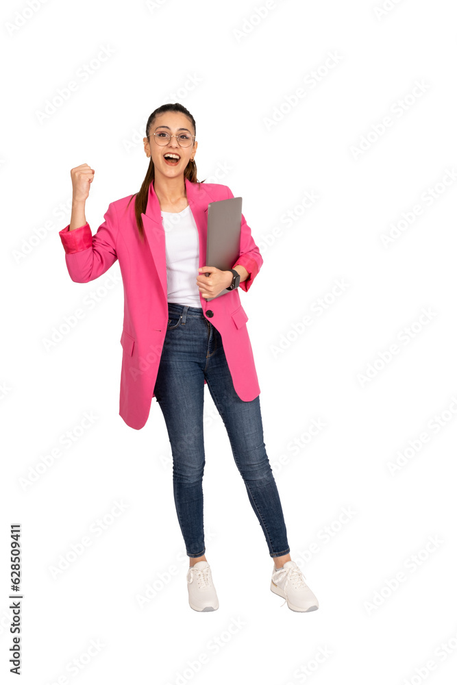 Full length view young brunette caucasian happy woman student in pink jacket hold closed laptop pc computer smiling do winner gesture, clench fist up, celebrating success isolated transparent png. Full length view young brunette caucasian happy woman student in pink jacket hold closed laptop pc computer smiling do winner gesture, clench fist up, celebrating success isolated transparent png.