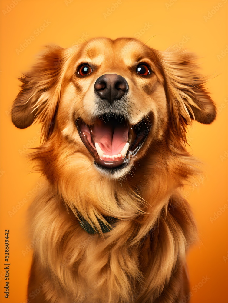 happy golden retriever dog on plain orange studio background