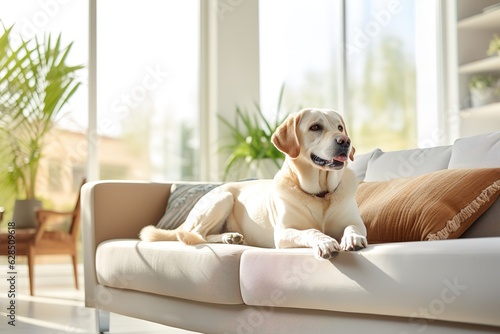 The stylish boho compostion at living room interior with design gray sofa, wooden coffee table, commode and elegant personal accessories. Honey yellow pillow and plaid. Cozy apartment,Generative AI