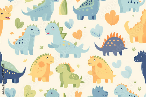 Cute seamless pattern of lots of cartoon doodle dinosaurs. Pastel delicate light colors  repeat dino animals texture  baby pattern.