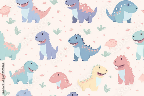 Cute seamless pattern of lots of cartoon doodle dinosaurs. Pastel delicate light colors  repeat dino animals texture  baby pattern.