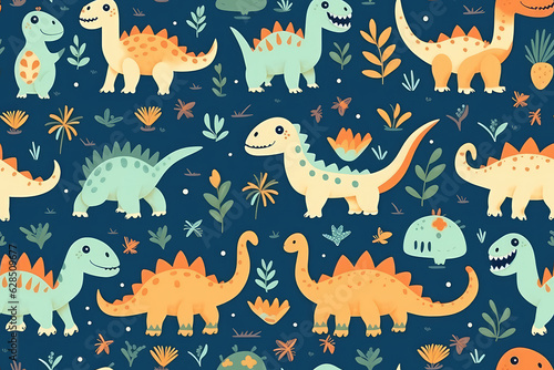 Cute seamless pattern of lots of cartoon doodle dinosaurs isolated on flat dark blue background, repeat dino animals texture, baby pattern. © SnowElf