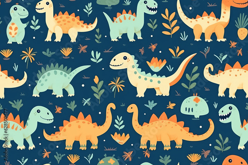 Cute seamless pattern of lots of cartoon doodle dinosaurs isolated on flat dark blue background  repeat dino animals texture  baby pattern.