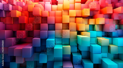3D vibrant pattern of overlapping squares in a gradient of rainbow colors. Abstract colorful background.