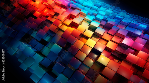 3D vibrant background of overlapping squares in a gradient of rainbow colors