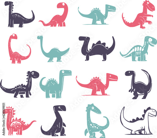 Set of Coloful dinosaur illustrations that remind us vintage children books but at the same time illustrations look modern, Hand Drawn, minimal, monochrome linocut © ta