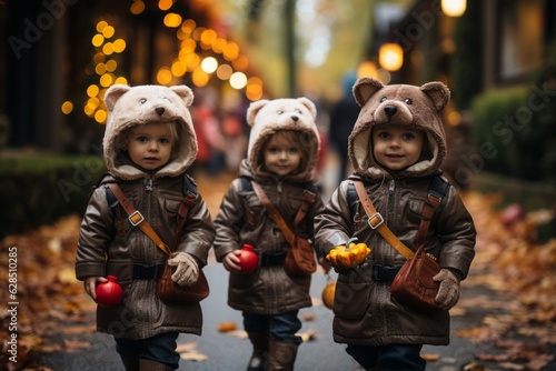 Children in a halloween costumes, kids are walking in the street