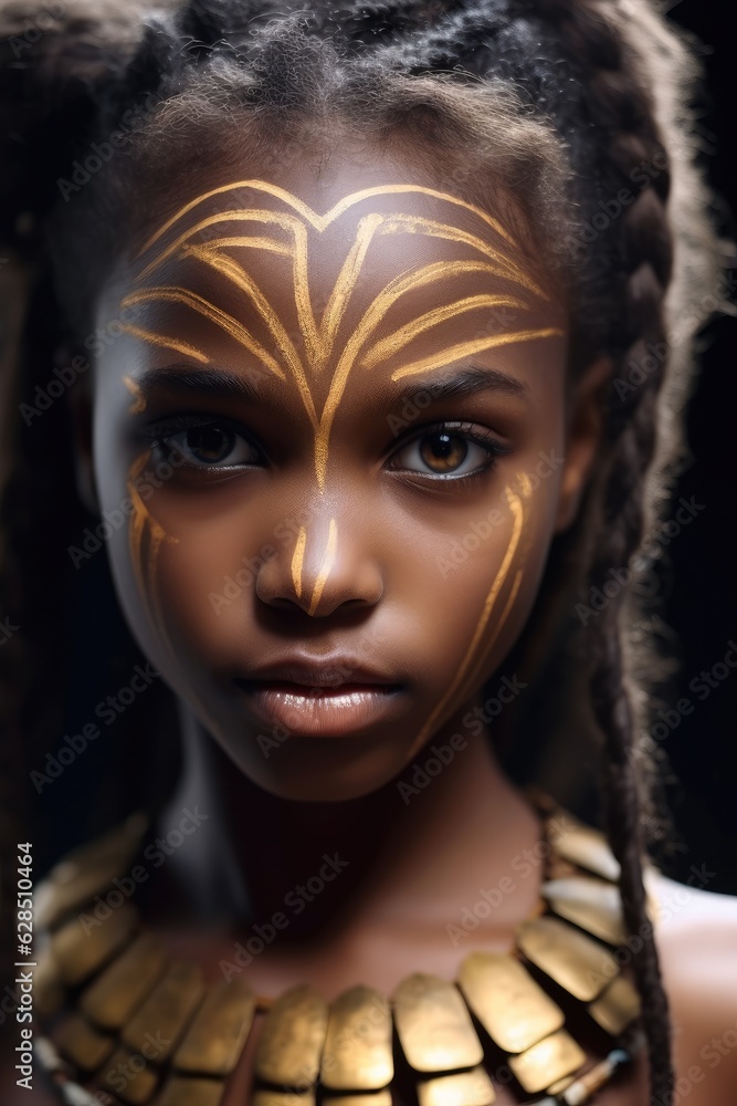 Young child female African warrior character in the style of Avatar. Young child female African warrior character in the style of Avatar.