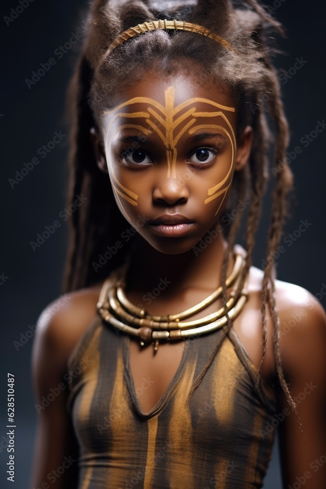 Young child female African warrior character in the style of Avatar.