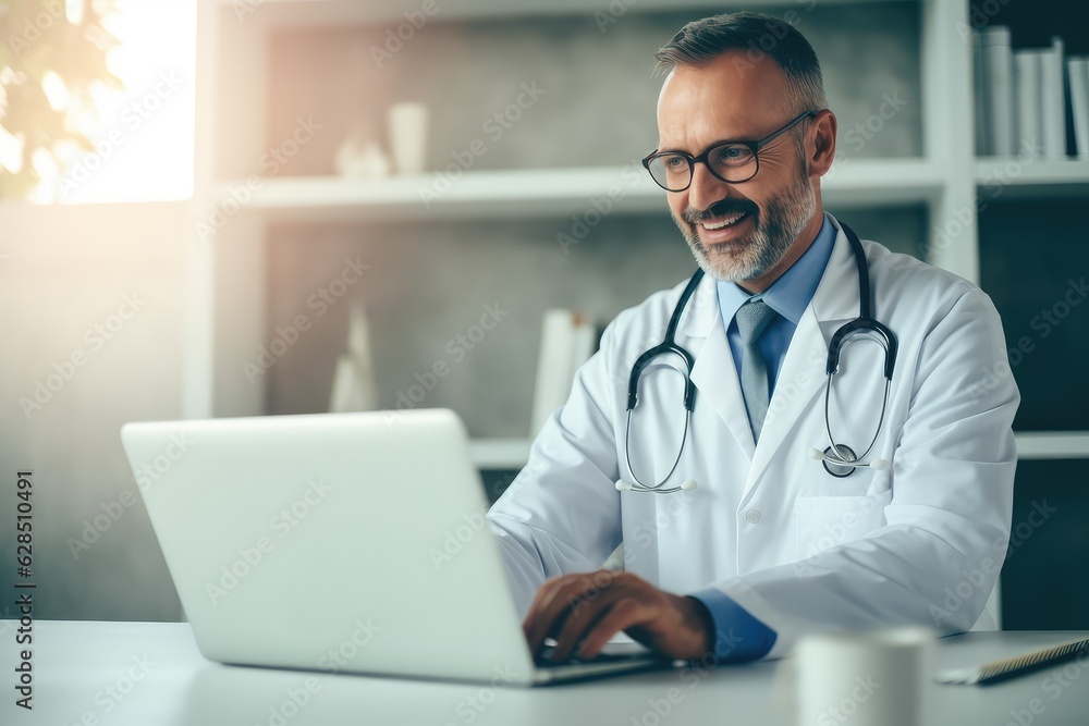 Doctor consults patient online via laptop in hospital using video call. Photo generative AI Doctor consults patient online via laptop in hospital using video call. Photo generative AI
