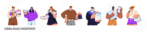 People showing documents set. Men and women with id card, passport, badge, certificate, qrcode. Student graduate get diploma. Tourist go to travel by visa. Flat isolated vector illustration on white