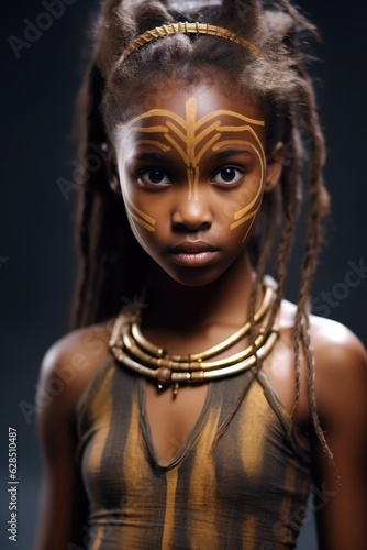Young child female African warrior character in the style of Avatar.