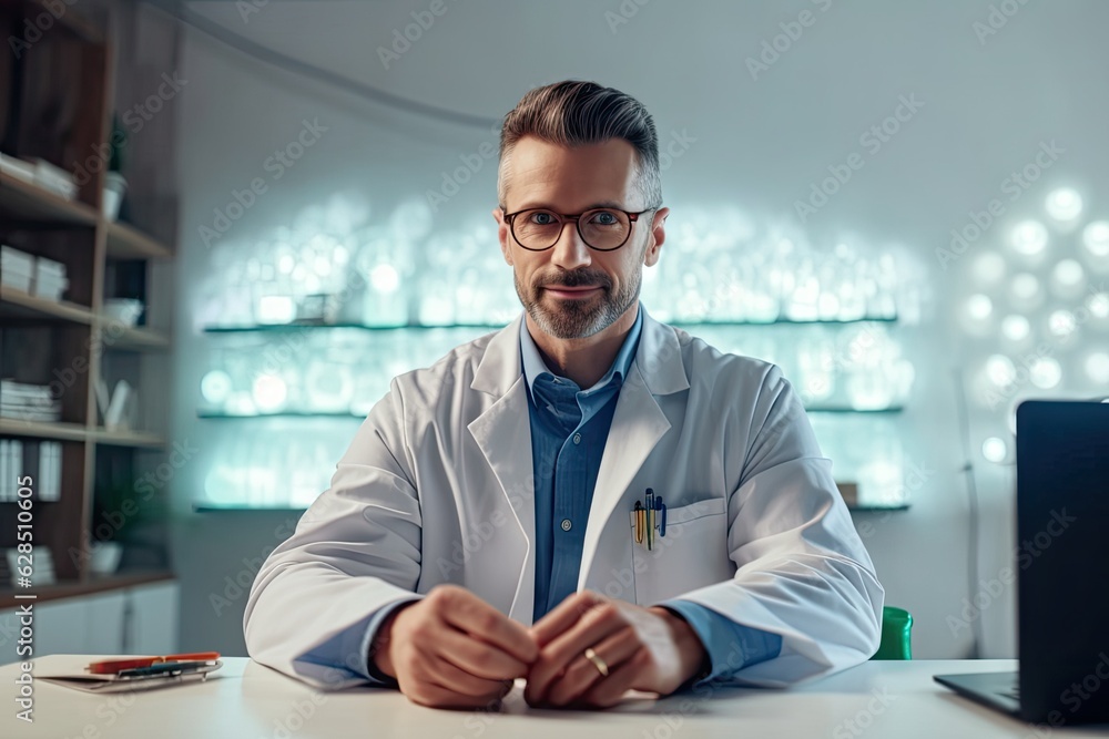 Mid adult doctor in lab coat video calling patients, working together. Photo generative AI Mid adult doctor in lab coat video calling patients, working together. Photo generative AI