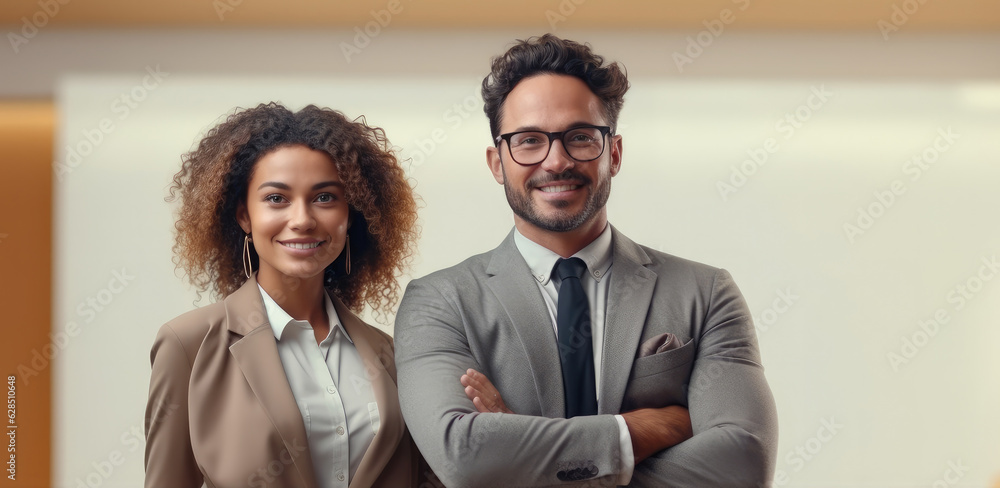 Portrait of happy multi ethnic business couple posing in office, Concept of insurance, Marketing and financial advice. Portrait of happy multi ethnic business couple posing in office, Concept of insurance, Marketing and financial advice.